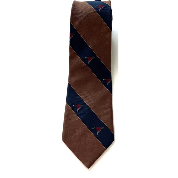 Mallards Men Brown Blue Striped Mallard Italian Silk Neck Tie - Picture 1 of 8